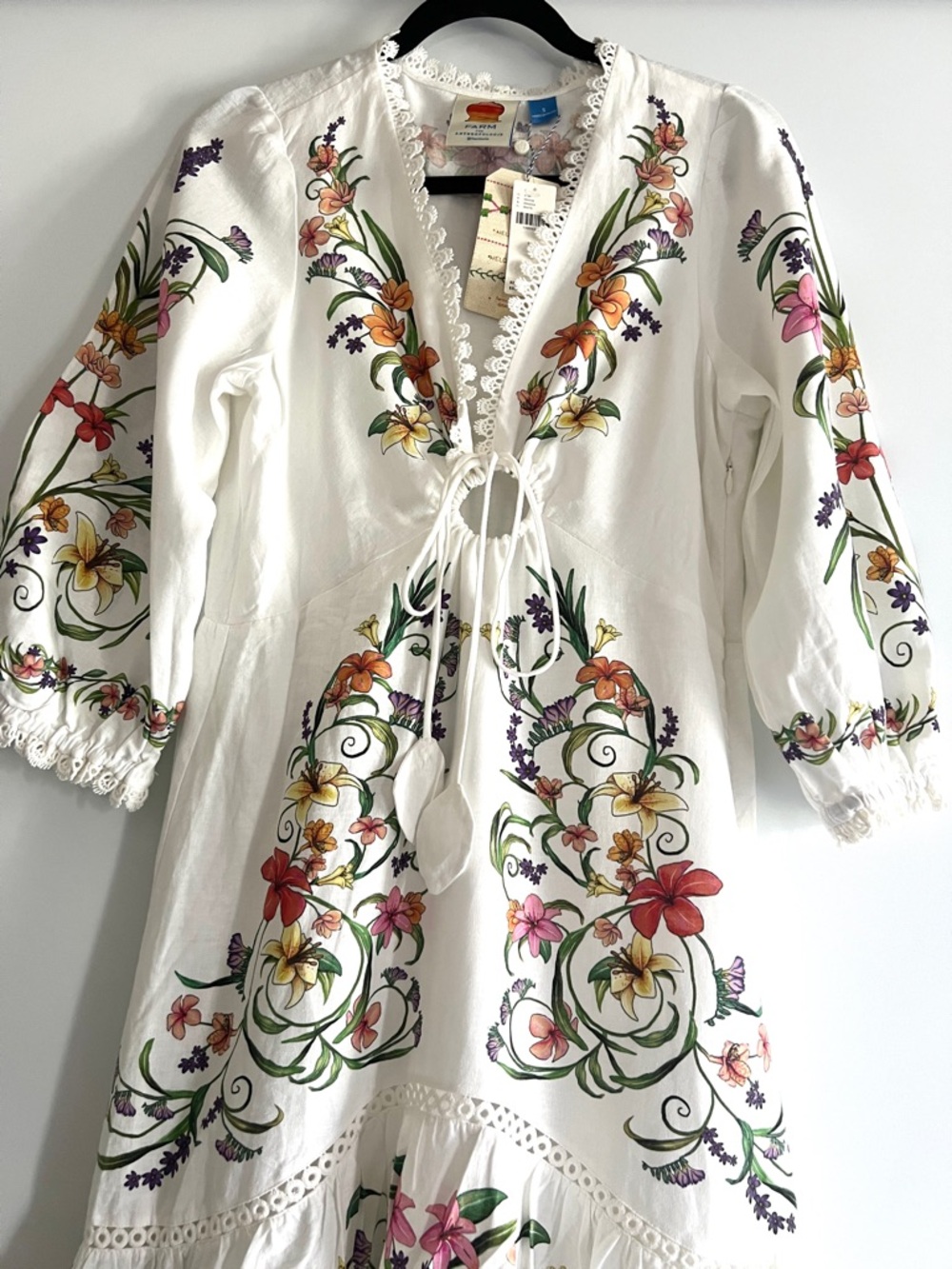 FARM Rio White Linen Blend Multicolor Floral Printed Maxi Dress Size Small NWT - Picture 10 of 16